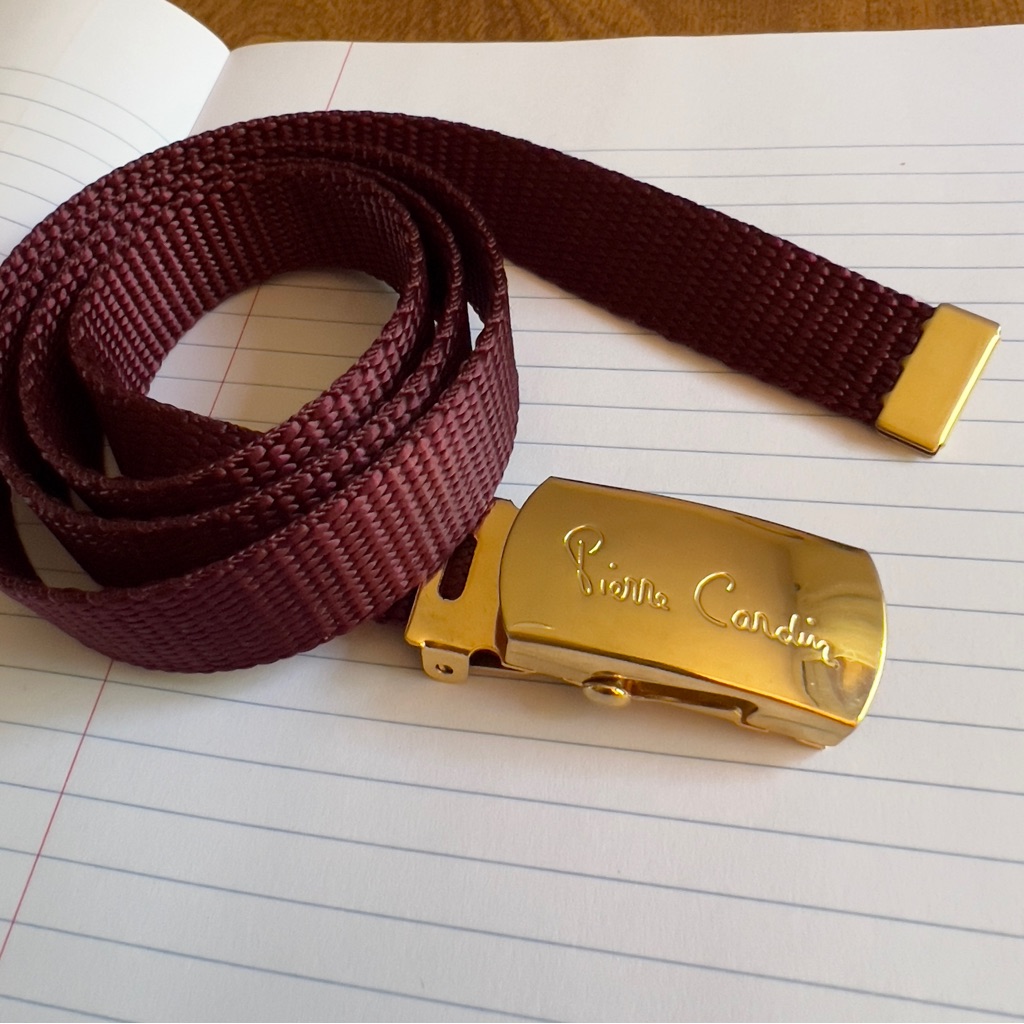 Pierre Cardine Vintage Womens Burgundy Brown Canvas Gold Plated Buckle Belt